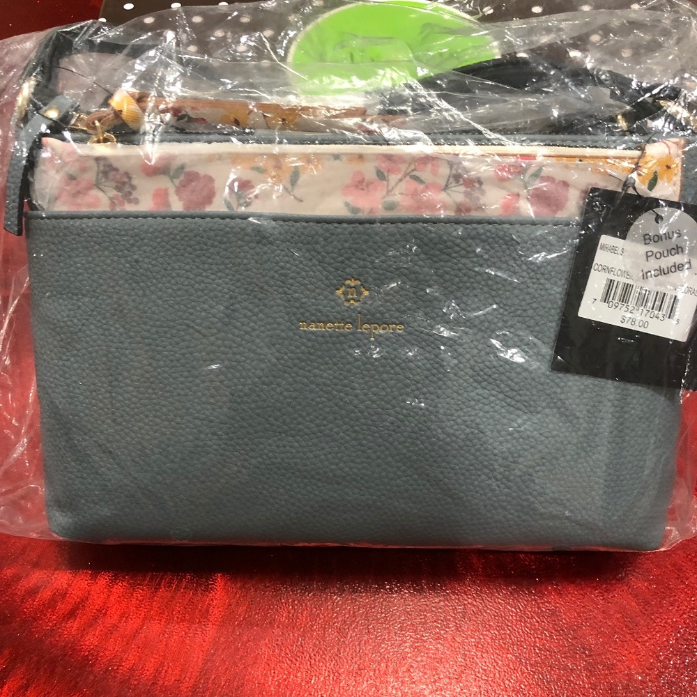 Nanette Lepore light blue/floral trim cross body bag  with bonus pouch NWT